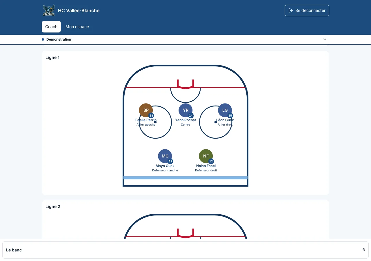 Screenshot of the demonstration, fictional club HC Vallée-Blanche A game's lines, set out on the rink. Fictional players.