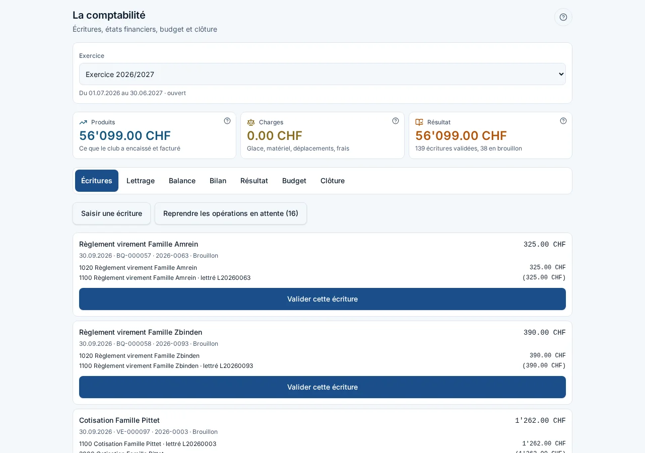 Screenshot of the demonstration, fictional club HC Vallée-Blanche Double-entry bookkeeping drawn from invoices and payments. Fictional amounts.