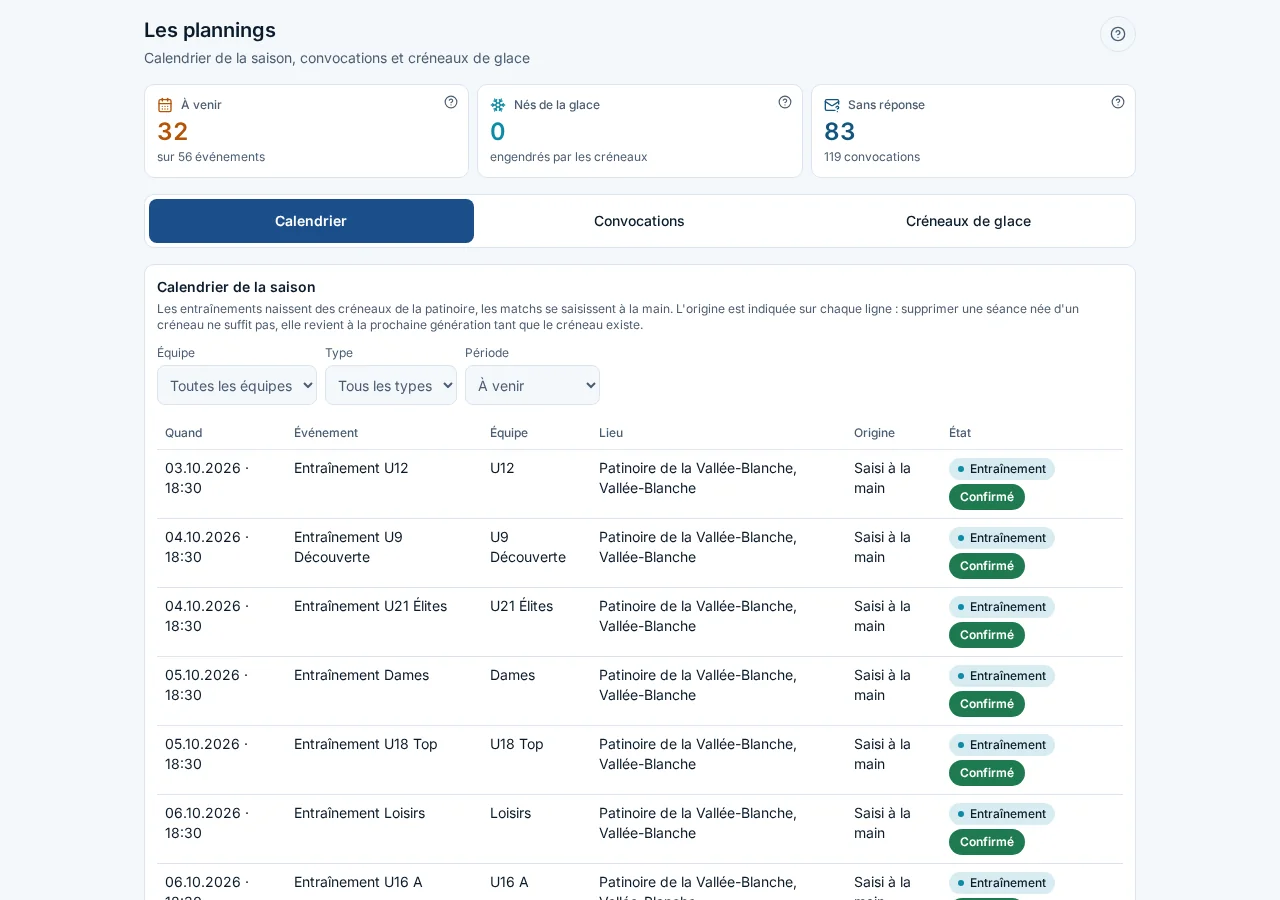 Screenshot of the demonstration, fictional club HC Vallée-Blanche Upcoming events and replies to call-ups. Fictional data.