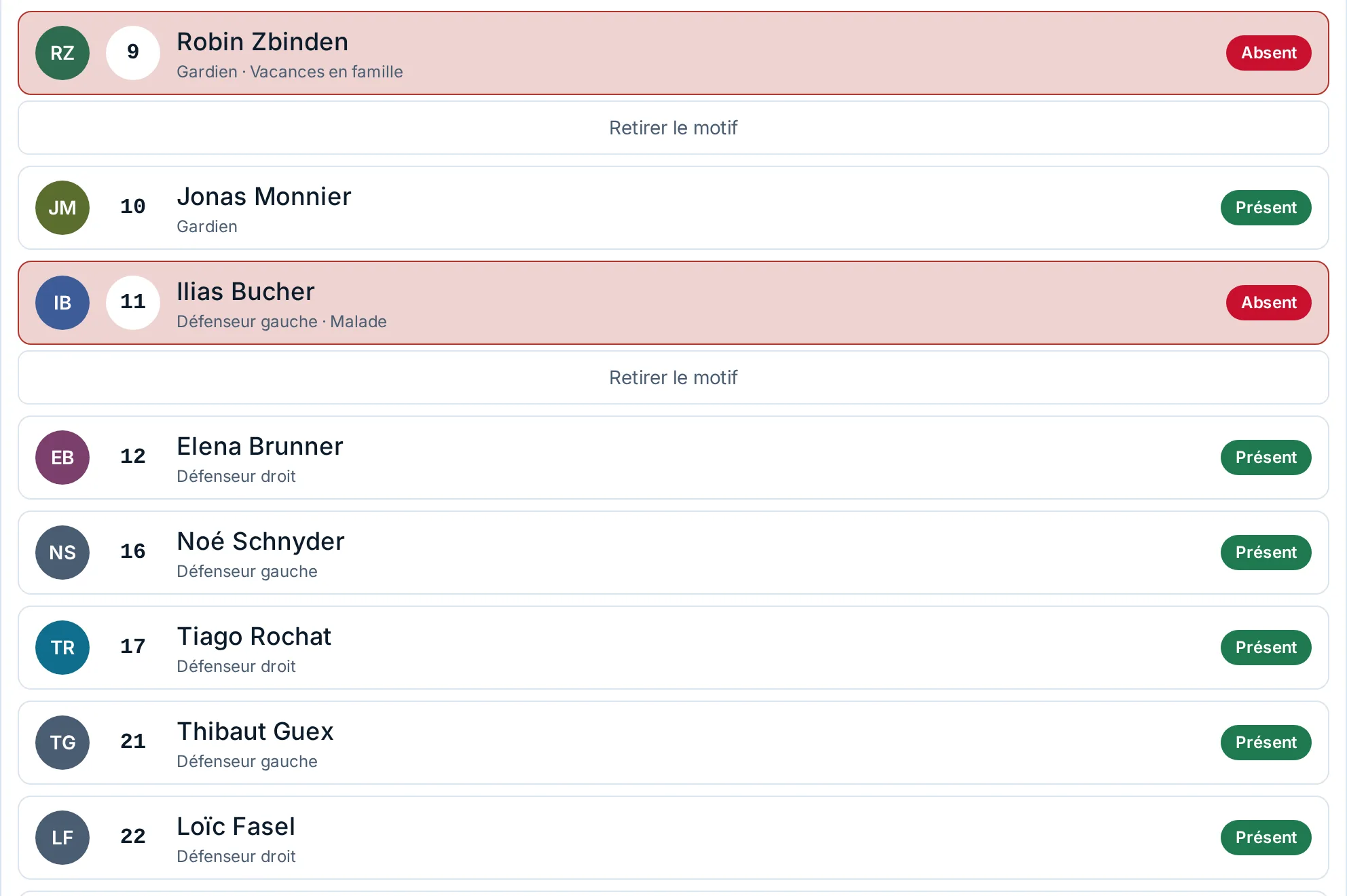 Screenshot of the demonstration, fictional club HC Vallée-Blanche The attendance sheet for a practice. Fictional players.